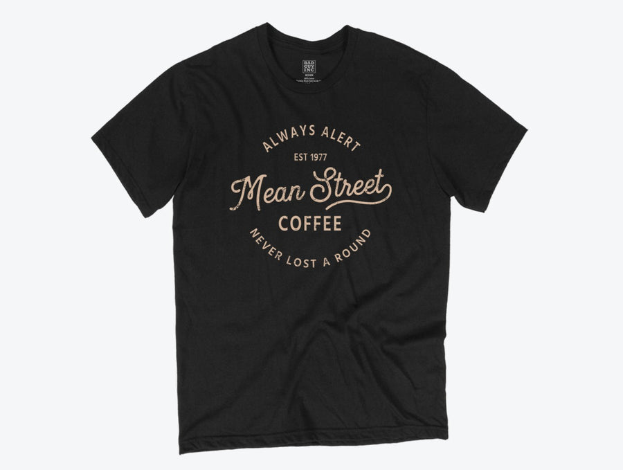 Mean Street Coffee tee in Black with Light Tan Font